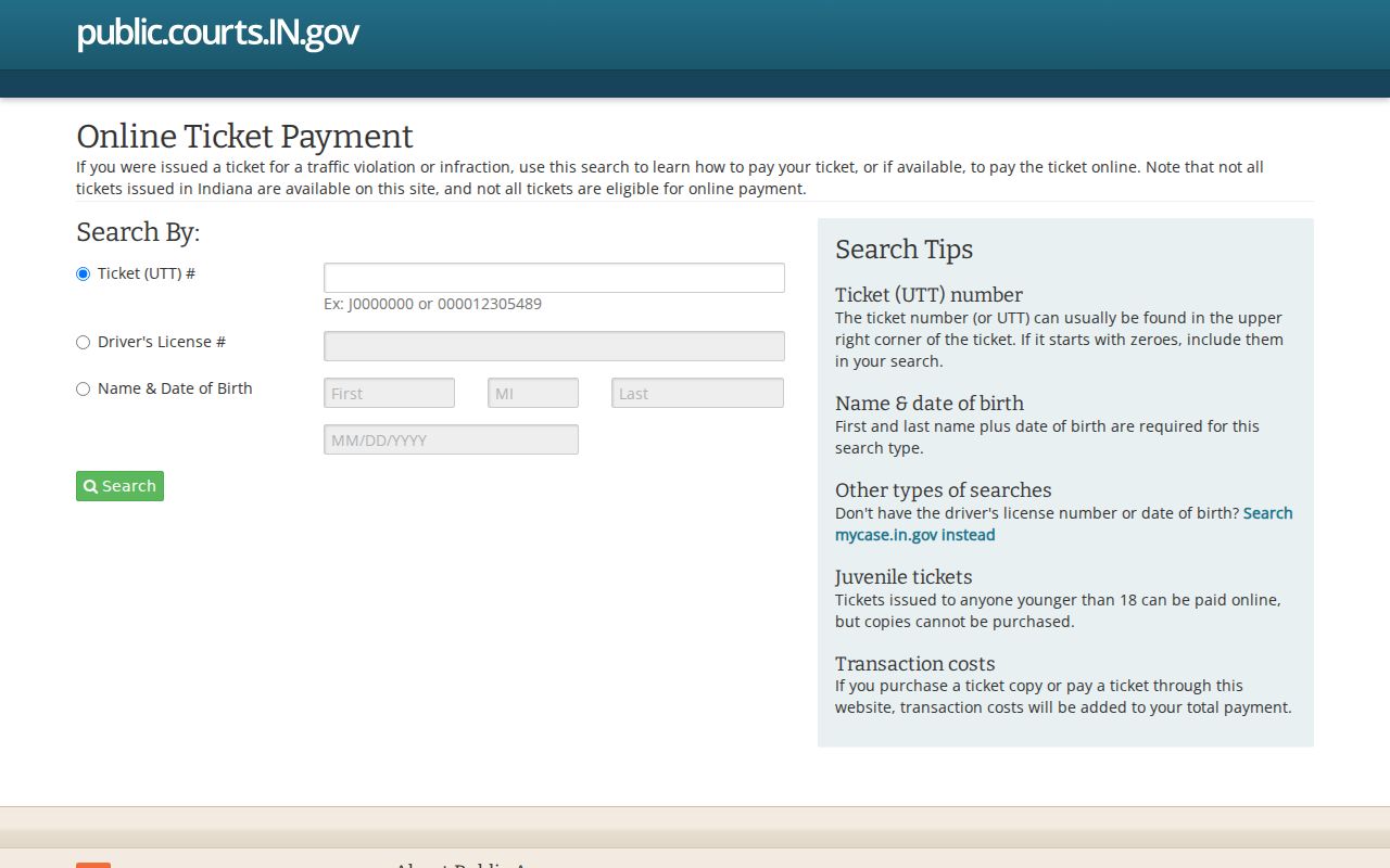 Indiana ePay traffic ticket search
